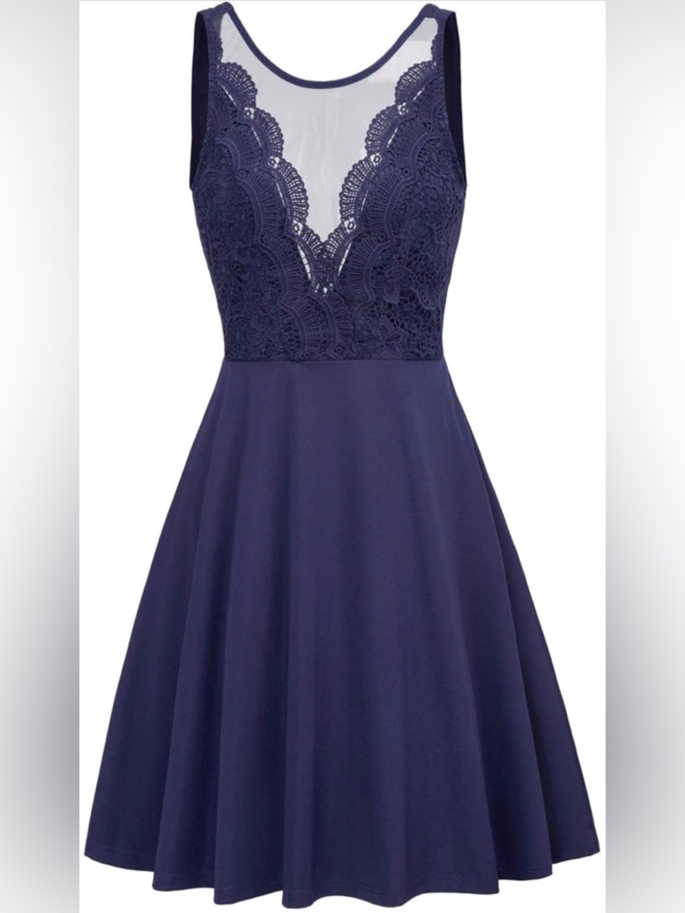 Source Unknown Navy Blue Fit-and-Flare Dress with Lace Inset